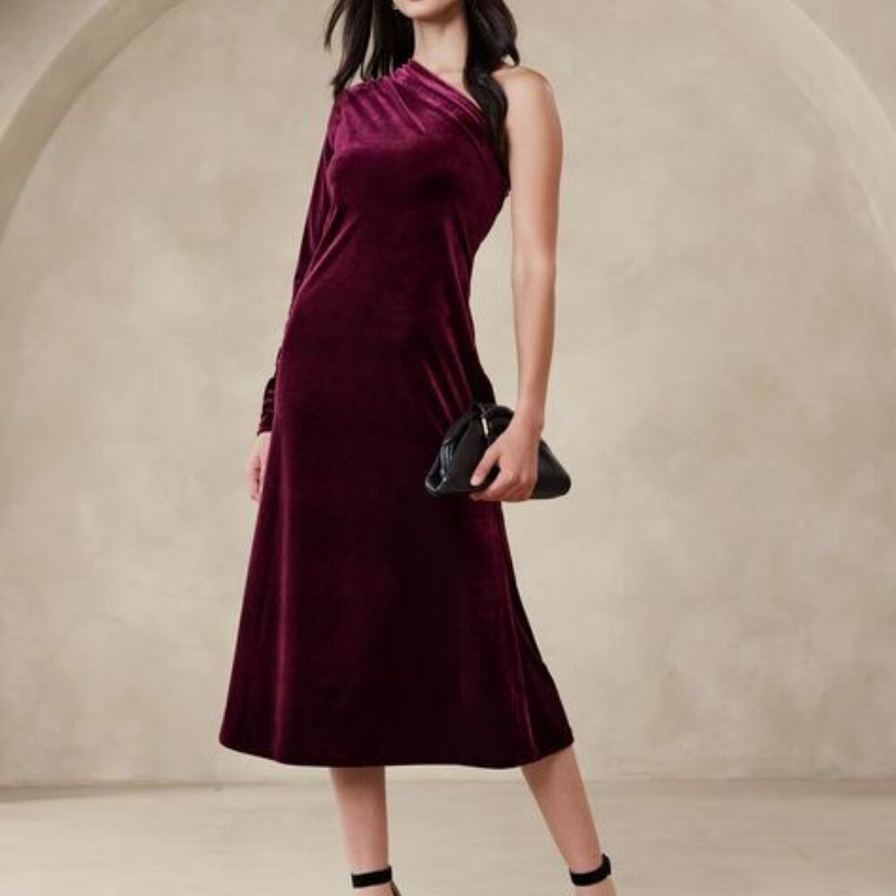 BANANA REPUBLIC Blaire Velvet One-Shoulder Midi Cocktail Dress #817295 - BERRY